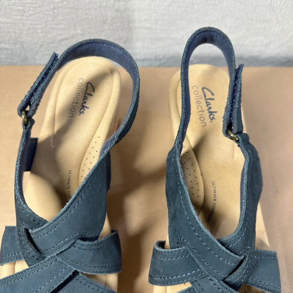 Clarks Wedge Sandals Womens 9.5W Navy Blue Cork Platform Slingback Comfort Shoes